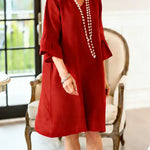 Women's Solid Color V-neck Three-quarter Sleeve Casual Loose Cotton And Linen Dress