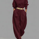Casual Linen And Cotton Crew-neck Shirt And High-waisted Tapered Trousers Two-piece Set.