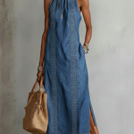 Retro Cozy Lace Print Denim Midi Dress