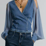 Women's V-neck Long-sleeved Casual Loose Denim Patchwork Top