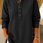 Women's V-neck Long-sleeved Casual Button-up Loose Denim Top
