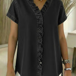 Casual Short-sleeved Denim Shirt With Ruffled Details.
