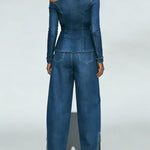 Casual Zip-up Off-shoulder Denim Top And Jeans Two-piece Set