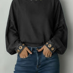 Women's Round Neck Metal Eyelet Cutout Design Casual Loose Long-sleeved Denim Top.