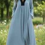 Retro Cozy Color-blocked V-neck Linen Dress