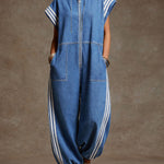 Women's Stand-collar Short-sleeved Casual Loose Denim Wide-leg Jumpsuit