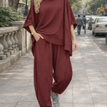 Women's Solid Color Stand-collar 3/4 Sleeve Casual Loose Knit Top And High-waisted Casual Loose Wide-leg Pants Set.