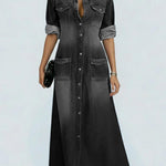 Women's Lapel Long-sleeved Casual Loose Denim Shirt Dress