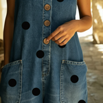 Artistic Polka Dot Print Button-up Denim Jumpsuit