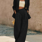 Minimalist Solid Color Suit Jacket And Wide-leg Pants Linen Two-piece Set