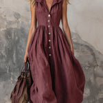 Women's Solid Color Lapel Sleeveless Casual Loose Cotton Dress