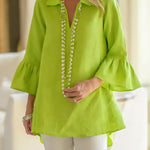 Women's Solid Color V-neck Three-quarter Sleeve Casual Loose Cotton And Linen Top