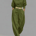 Casual Linen And Cotton Crew-neck Shirt And High-waisted Tapered Trousers Two-piece Set.