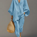 Women's Solid Color V-neck Long Sleeve Casual Loose Cotton Linen Top With Elastic Waist And Wide-leg Pants Set