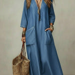 Casual V-neck Patch Pockets Denim Dress
