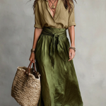 Minimalist Elegant Button-up Shirt And Tie-waist Skirt Two-piece Set