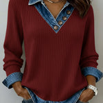 Casual Patchwork Denim Knit Top