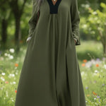 Retro Cozy Color-blocked V-neck Linen Dress
