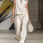 Women's Casual Patchwork Striped Zip-up Top And Pants Two-piece Set