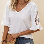 Women's Lace-trimmed V-neck Short-sleeved Top