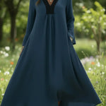 Retro Cozy Color-blocked V-neck Linen Dress
