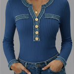 Casual Patchwork Denim Webbing Knit Top