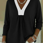 Casual Color-block V-neck Cotton Shirt Top