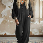 Casual Cozy Loose Hooded Button-up Cotton Jumpsuit
