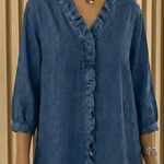 Women's Casual Denim V-Neck Ruffled Shirt