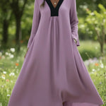 Retro Cozy Color-blocked V-neck Linen Dress