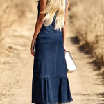 Women Stylish Art Sleeveless Shirt Fishtail Midi Denim Dress