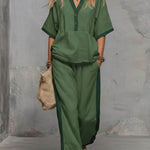 Women's V-neck 3/4 Sleeve Casual Loose Cotton And Linen Top And Elastic Waist Casual Loose Wide-leg Pants Cotton And Linen Set.