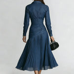 Elegant Patchwork Pleated Chiffon Denim Dress