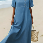 Casual Cozy Round-neck Loose-fitting 100% Cotton Denim Dress