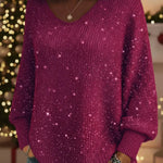 Christmas Sparkling Cozy V-neck Lantern Sleeve Knit Sweater