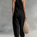 Women's Solid Color V-Neck Halter Neck Sleeveless Casual Loose Cotton Linen Wide-Leg Jumpsuit