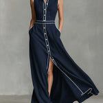 Women's Collared Sleeveless Casual Loose Long Cotton Linen Dress