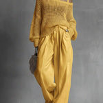Women's Cozy Openwork Knit Top And Linen-cotton Pants Two-piece Set.