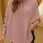 Women's Solid Color High-neck Casual Button-up Loose Knit Top