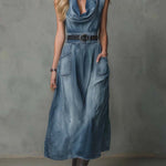 Women's Sleeveless Casual Loose Denim Dress With A Ruffled Neckline