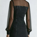 A Stylish Denim Dress With Mesh Sleeve Paneling.