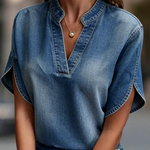 Casual V-neck Petal Sleeves Denim Blouse