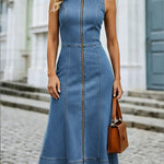 Women's Slim-fit Long Sleeveless Denim Dress With Zipper