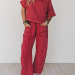 Women's Casual Washed Cotton T-shirt And Pants Two-piece Set