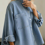 Casual Stand-collar Irregular Hem Denim Shirt Top