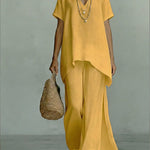 Classic Casual Short-sleeved Linen And Cotton Top And Wide-leg Pants Two-piece Set