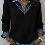 Casual Patchwork Denim Knit Top