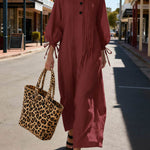 Women's Solid Color Round Neck Long-sleeved Casual Loose Pleated Cotton And Linen Dress