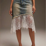 Casual Lace-paneled Denim Skirt