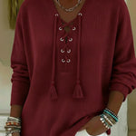Boho Style Casual V-neck Drawstring Tassel Pullover